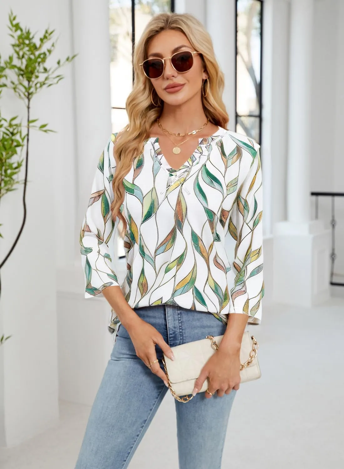 MIHOLL Womens Tops 3/4 Sleeve Spring Summer Shirts V Neck Basic Casual Loose Tunic Blouses