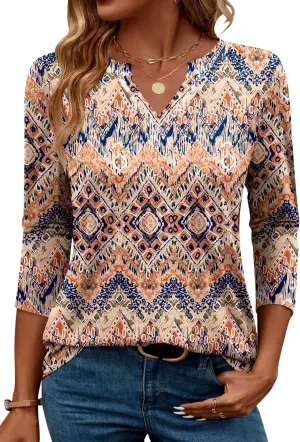 MIHOLL Womens Tops 3/4 Sleeve Spring Summer Shirts V Neck Basic Casual Loose Tunic Blouses