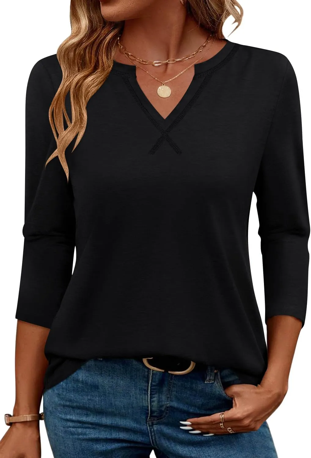 MIHOLL Womens Tops 3/4 Sleeve Spring Summer Shirts V Neck Basic Casual Loose Tunic Blouses