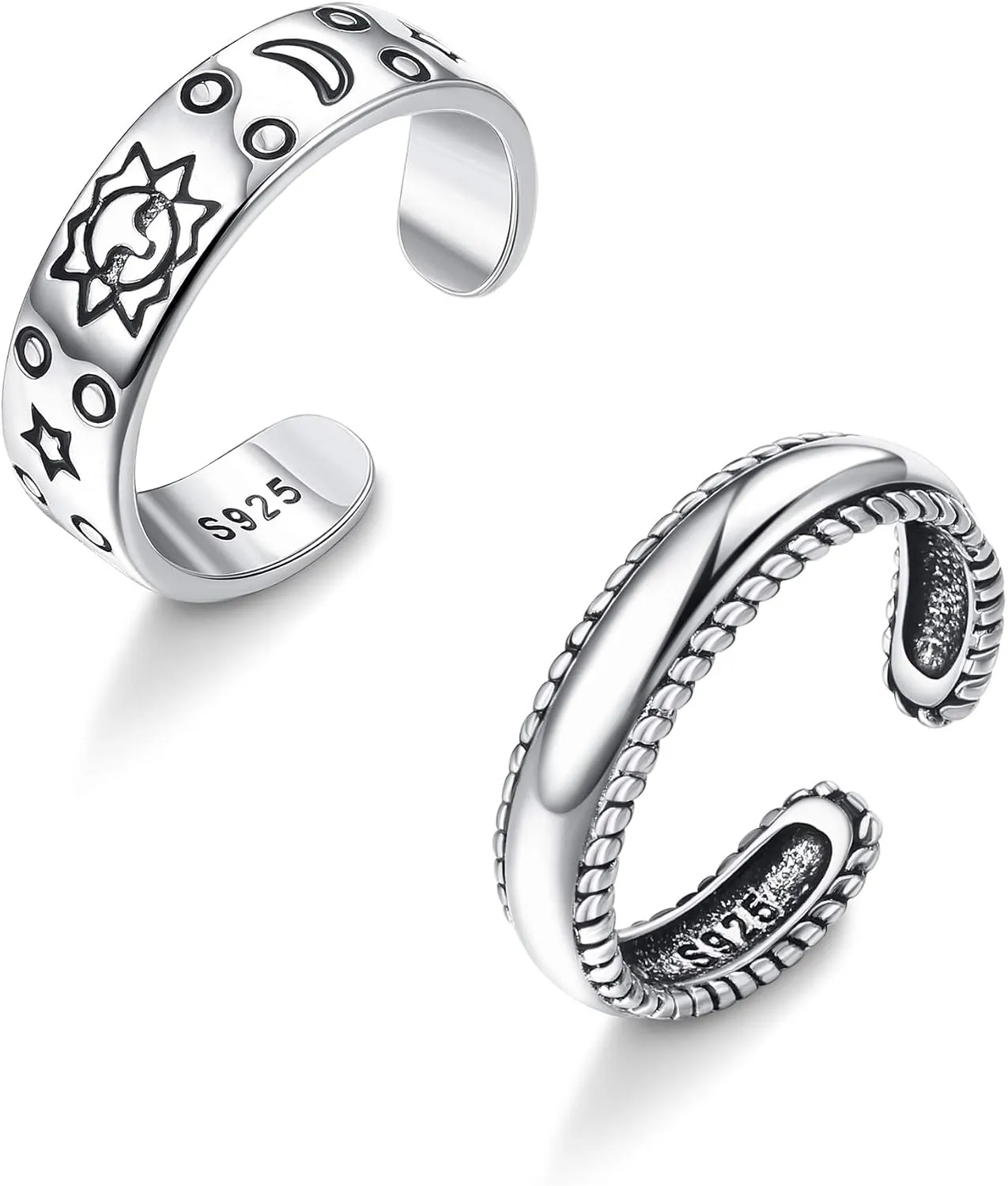 MILACOLATO 2Pcs Sterling Silver Toe Rings for Women 18K White Gold Plated Adjustable Toe Rings Vintage Sun Moon and Star Band Toe Rings Summer Beach Foot Jewelry