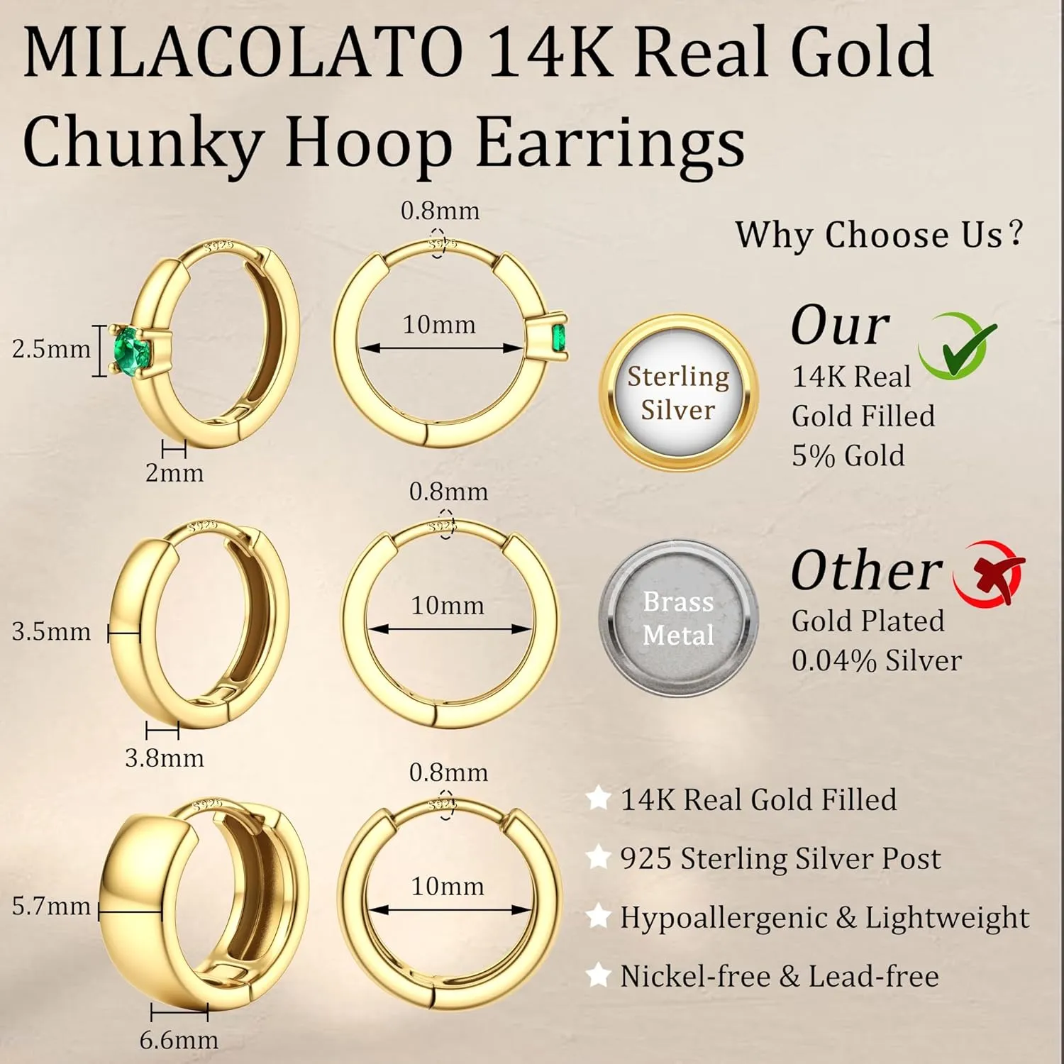 MILACOLATO Gold Hoop Earrings Set for Women 14K Gold Filled Sterling Silver Posts Small Chunky Hoop Earrings Hypoallergenic Trendy Gold Huggie Earrings Stacks 3Pairs
