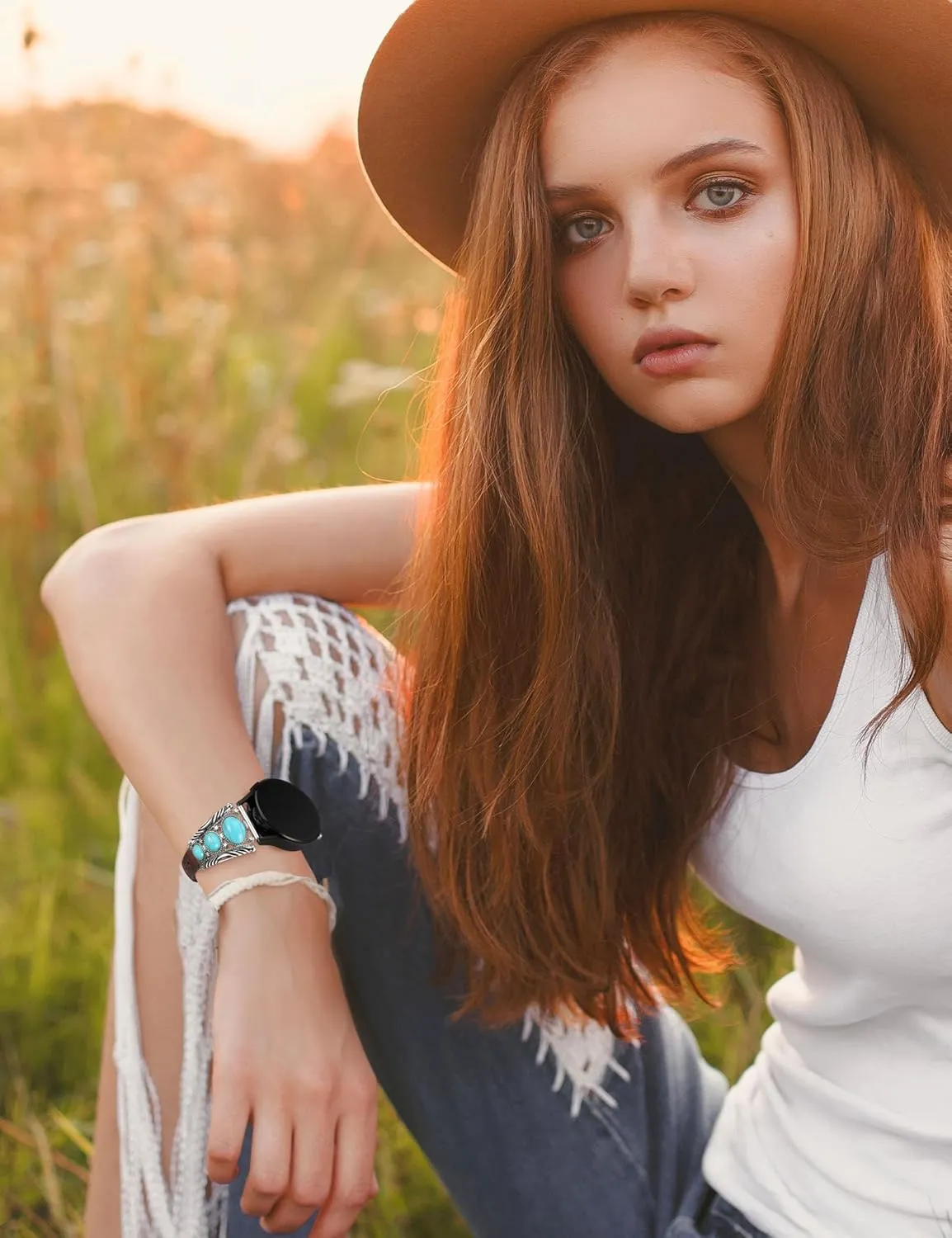 Minyee Leather Band Compatible with Samsung Galaxy Watch 7/6/5/4/FE/Active 2 40mm 44mm/Watch 6 Classic 43mm 47mm/Watch 5 Pro 45mm Band Women, Western Turquoise Boho Vintage Jewelry 20mm Watch Strap