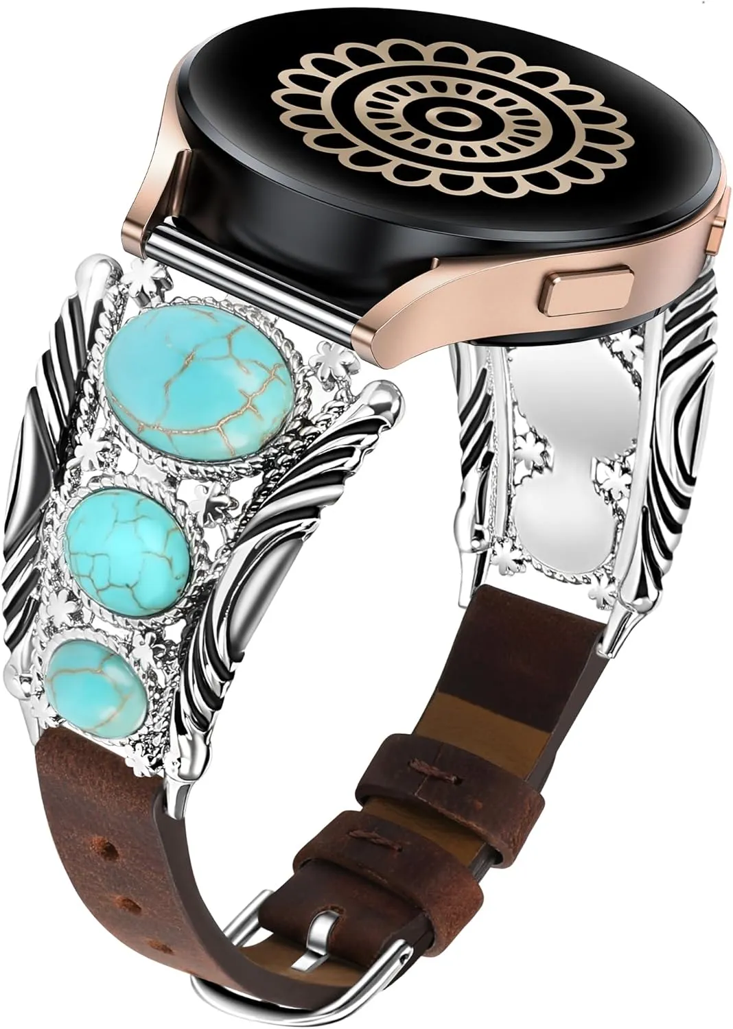 Minyee Leather Band Compatible with Samsung Galaxy Watch 7/6/5/4/FE/Active 2 40mm 44mm/Watch 6 Classic 43mm 47mm/Watch 5 Pro 45mm Band Women, Western Turquoise Boho Vintage Jewelry 20mm Watch Strap