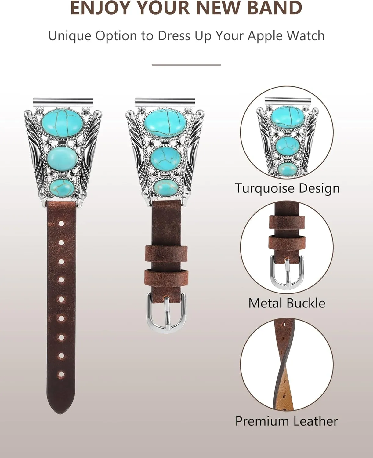 Minyee Leather Band Compatible with Samsung Galaxy Watch 7/6/5/4/FE/Active 2 40mm 44mm/Watch 6 Classic 43mm 47mm/Watch 5 Pro 45mm Band Women, Western Turquoise Boho Vintage Jewelry 20mm Watch Strap