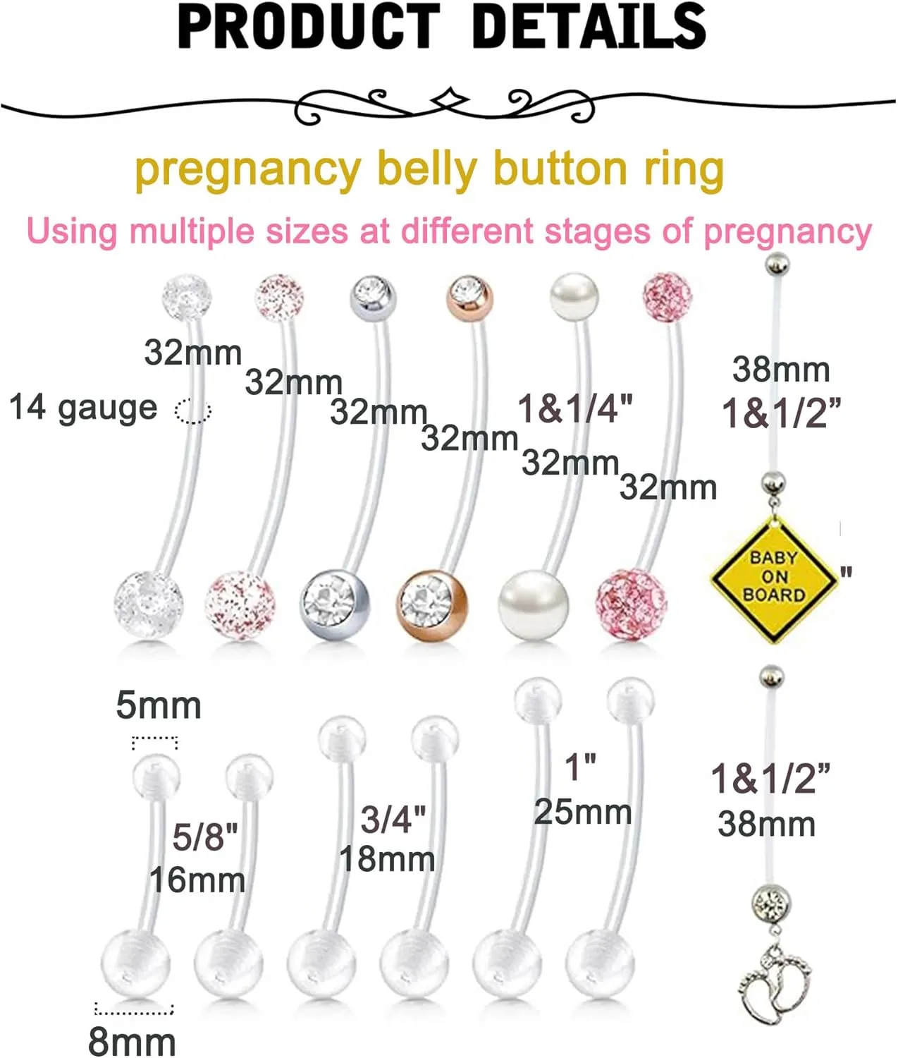 MODRSA Pregnancy Belly Button Rings Long Bar 38mm Sport Maternity Flexible Bioplast Clear Navel Belly Rings Piercing Retainer for Pregnant Women Mix Style