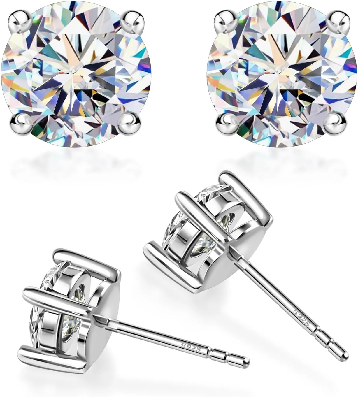Moissanite Stud Earrings 0.2-2CT T.W. 18K White Gold Plated Solid Sterling Silver 925 Post | Gifts for Men and Women | GRA Certified D/VVS1 Lab Diamond | Hypoallergenic | Gift Box