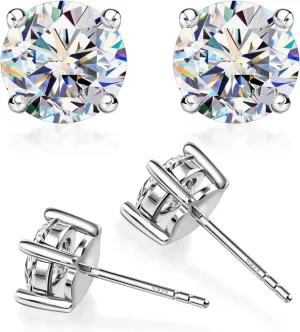 Moissanite Stud Earrings 0.2-2CT T.W. 18K White Gold Plated Solid Sterling Silver 925 Post | Gifts for Men and Women | GRA Certified D/VVS1 Lab Diamond | Hypoallergenic | Gift Box