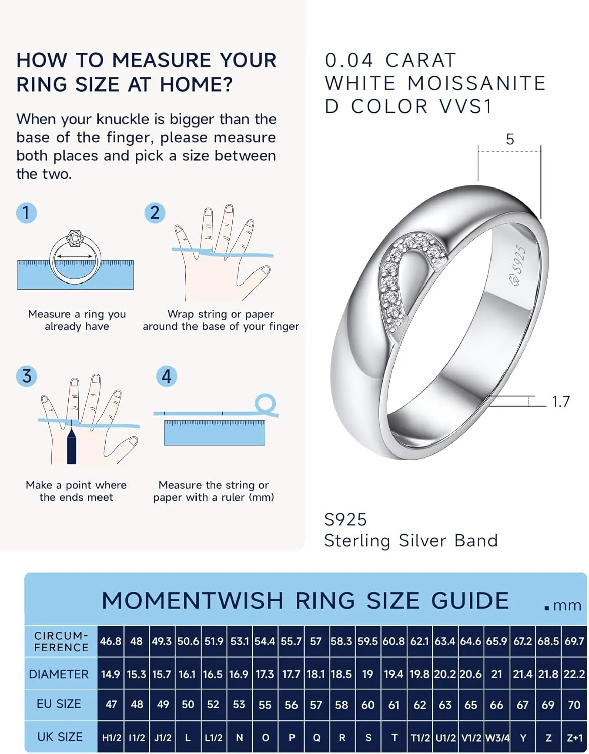 MomentWish Wedding Ring for Men, Moissanite Engagement Ring for Him, 925 Sterling Silver Ring for Women or Men, Anniversary Ring Valentine's Day Gift for Men