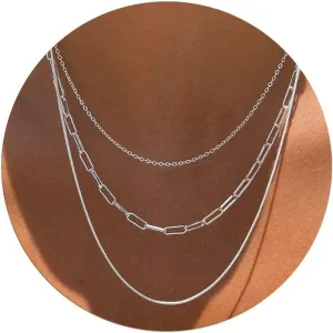 Moodear Gold/Silver Layered Necklaces for Women Trendy 14K Dainty Gold CZ Pendant Herringbone Necklace Layered Necklaces Paperclip Box Chains Gold Snake Chain Choker Necklace Jewelry Gift for Women
