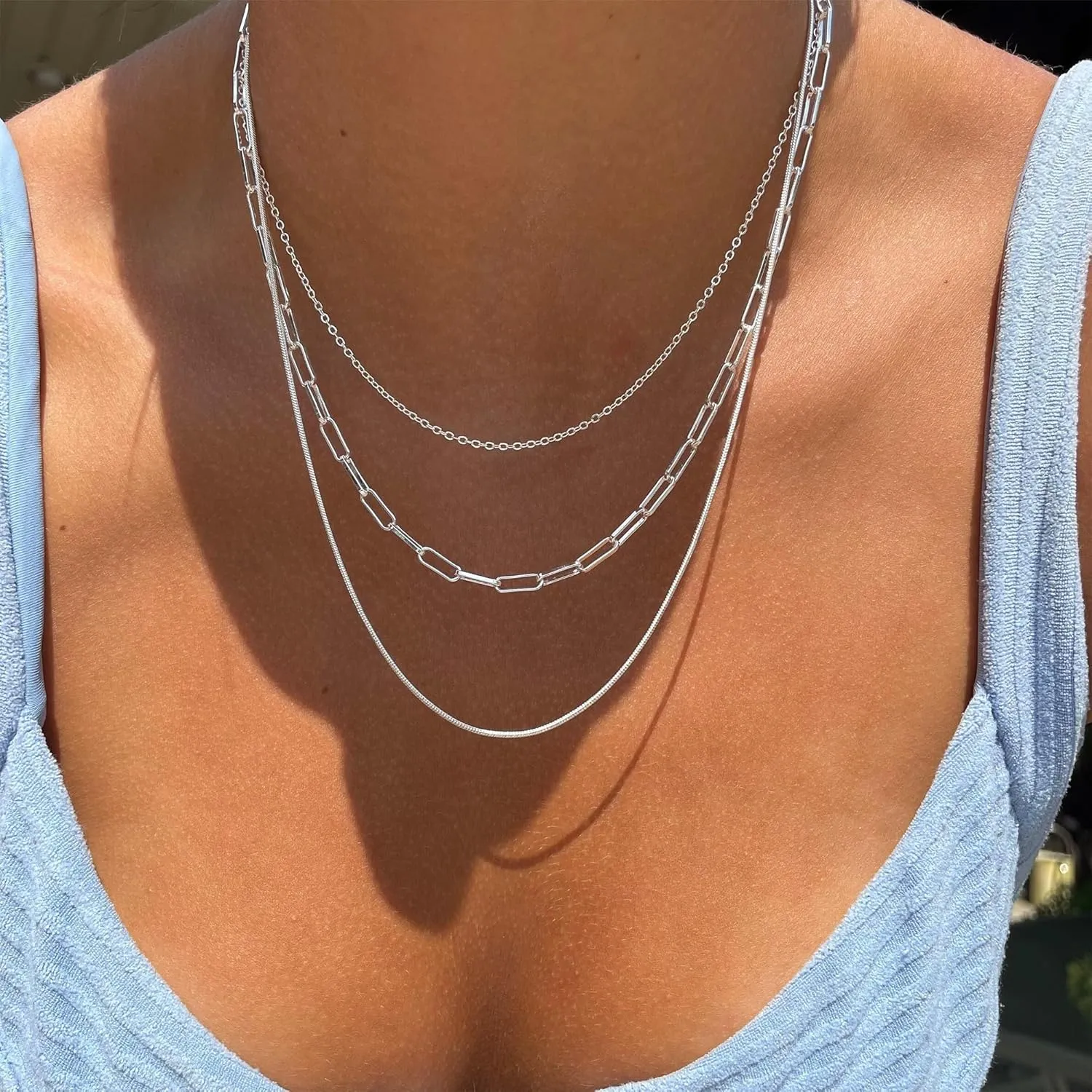 Moodear Gold/Silver Layered Necklaces for Women Trendy 14K Dainty Gold CZ Pendant Herringbone Necklace Layered Necklaces Paperclip Box Chains Gold Snake Chain Choker Necklace Jewelry Gift for Women