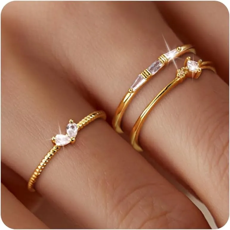 Moodear Non Tarnish 3PCS Thumb Rings Set - Dainty Thin 14K Gold Plated Stackable Cubic Zirconia Ring Sets for Women Trendy Jewelry Size 5-10