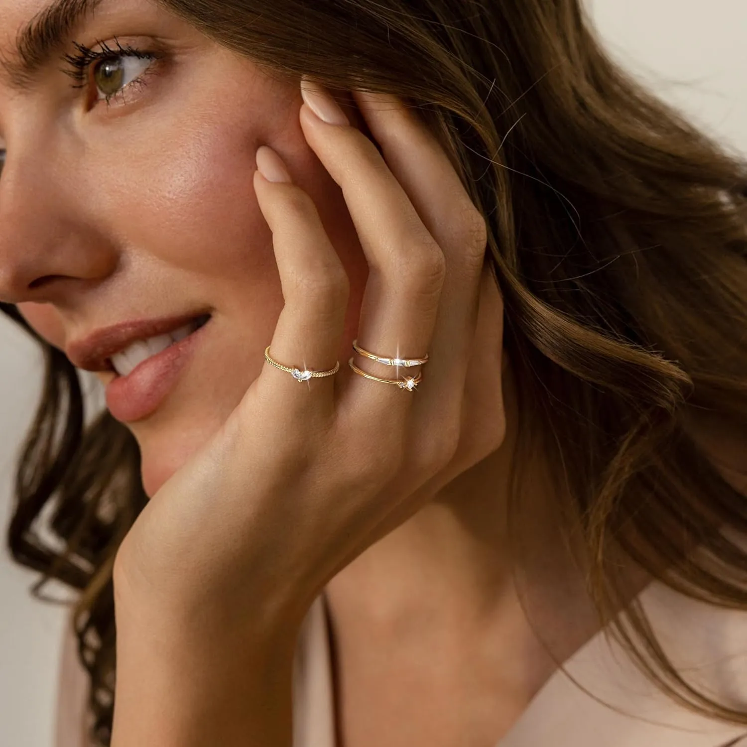 Moodear Non Tarnish 3PCS Thumb Rings Set - Dainty Thin 14K Gold Plated Stackable Cubic Zirconia Ring Sets for Women Trendy Jewelry Size 5-10
