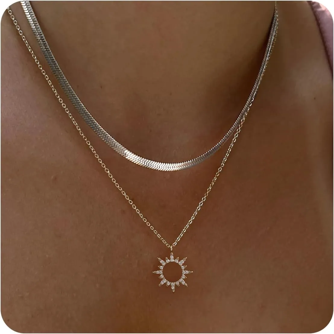 Moodear Sliver Layered Necklaces for Women Trendy Dainty Herringbone 925 Sterling Silver Snake Necklace Stack Sun Zirconia Pendant Necklace Choker Necklaces Jewelry Gifts for Women