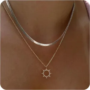 Moodear Sliver Layered Necklaces for Women Trendy Dainty Herringbone 925 Sterling Silver Snake Necklace Stack Sun Zirconia Pendant Necklace Choker Necklaces Jewelry Gifts for Women