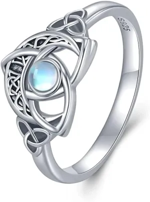 Moon Celtic Rings for Women 925 Sterling Silver Moonstone Crescent Moon Celtic Knot Rings Irish Jewelry Gifts for Women