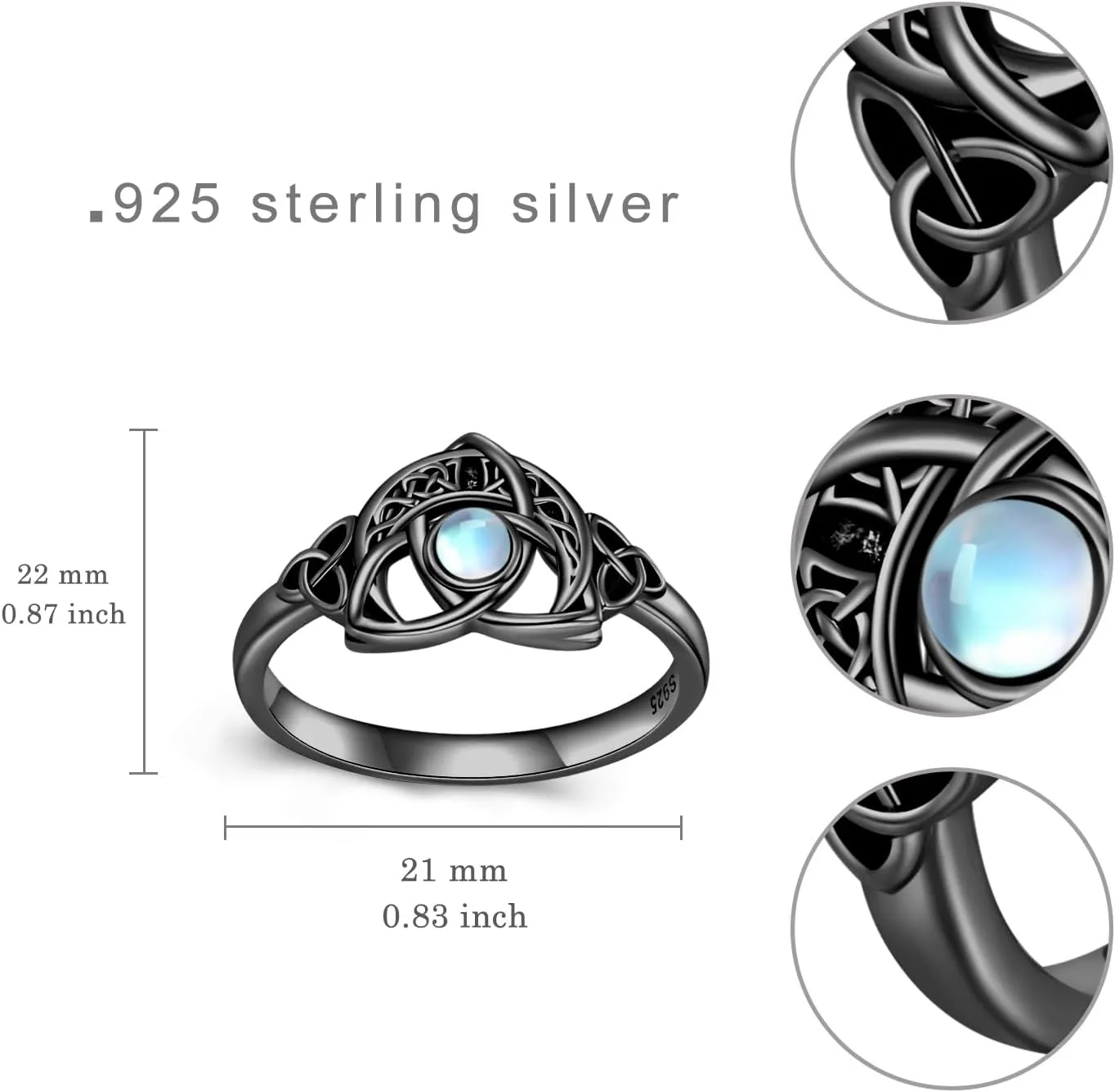 Moon Celtic Rings for Women 925 Sterling Silver Moonstone Crescent Moon Celtic Knot Rings Irish Jewelry Gifts for Women