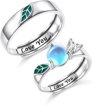 Moonstone Promise Rings for Couple S925 Sterling Silver Green Leaf Matching Couple Rings Engagement Valentine's Day Birthdays Gifts for Women Men