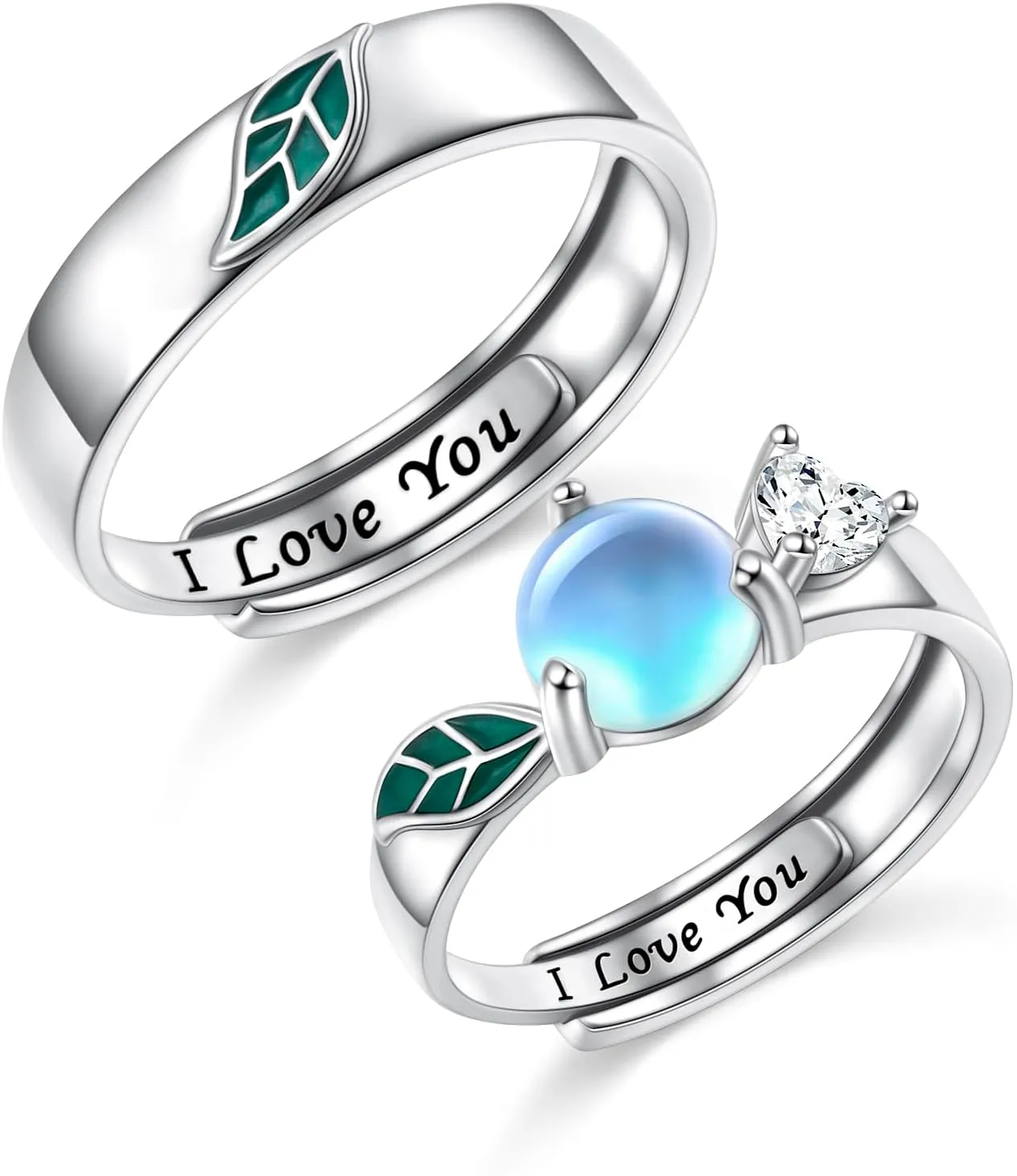 Moonstone Promise Rings for Couple S925 Sterling Silver Green Leaf Matching Couple Rings Engagement Valentine's Day Birthdays Gifts for Women Men