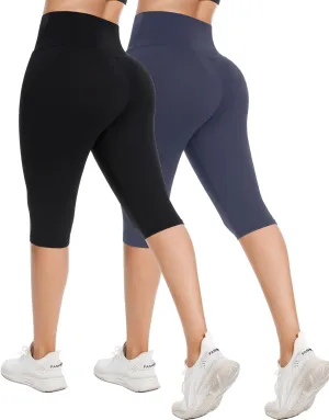 MOREFEEL Women's Knee Length Leggings-High Waist Capri Pants for Women Yoga Workout Biker Shorts Casual Summer