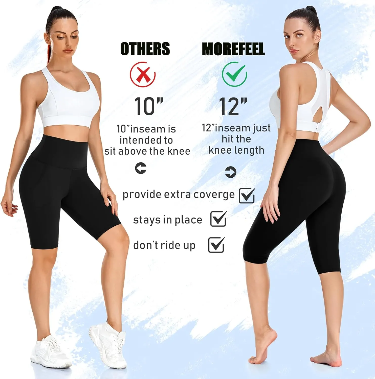 MOREFEEL Women's Knee Length Leggings-High Waist Capri Pants for Women Yoga Workout Biker Shorts Casual Summer