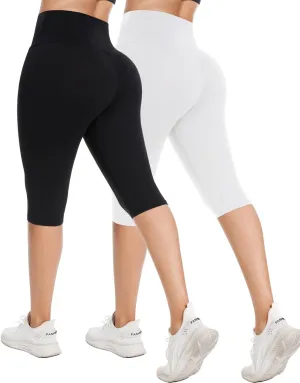 MOREFEEL Women's Knee Length Leggings-High Waist Capri Pants for Women Yoga Workout Biker Shorts Casual Summer