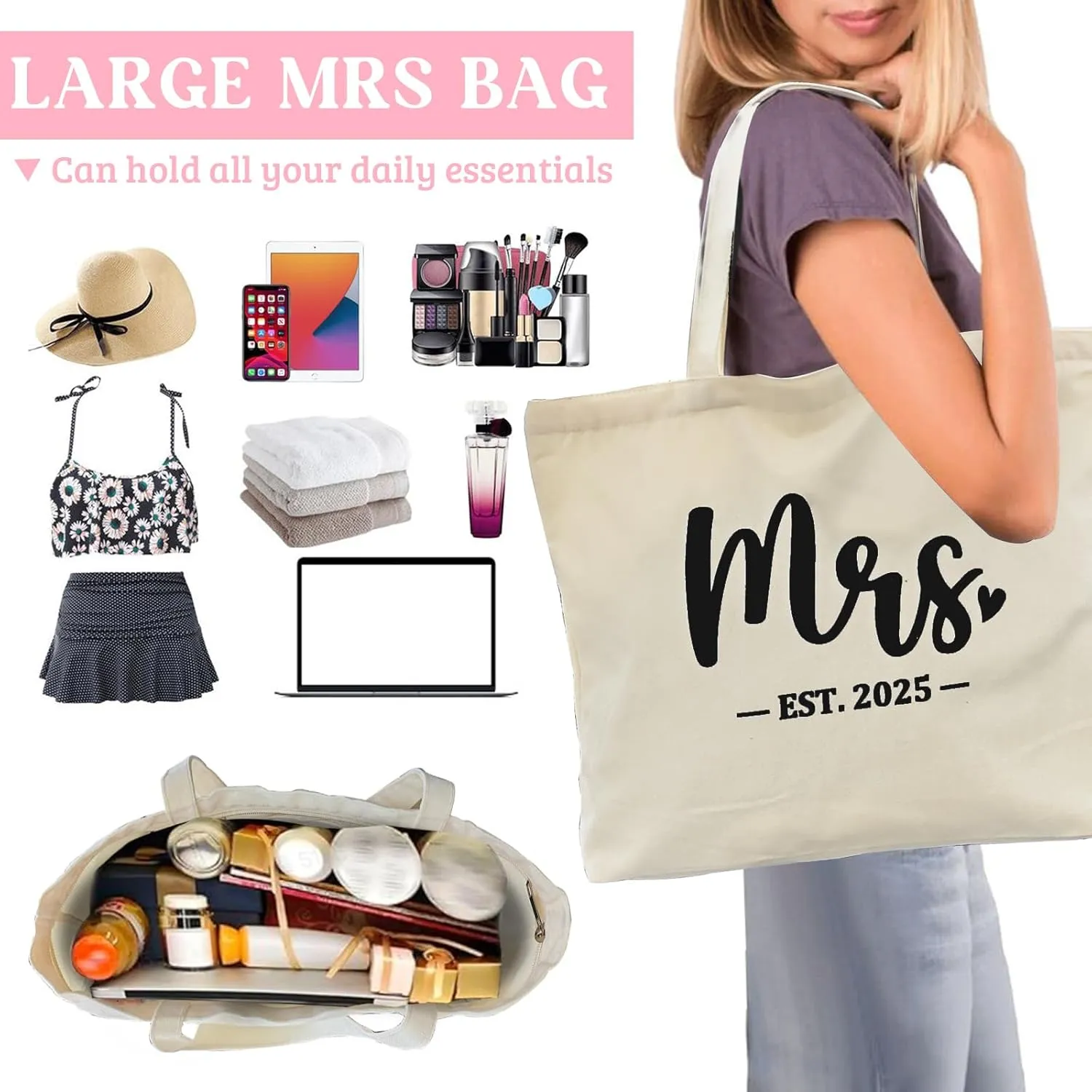 Mrs Bag Bridal Shower Gifts Mrs Gifts Bride Gifts Bachelorette Gifts Wedding Gifts for Bride Bag with Zip Pocket
