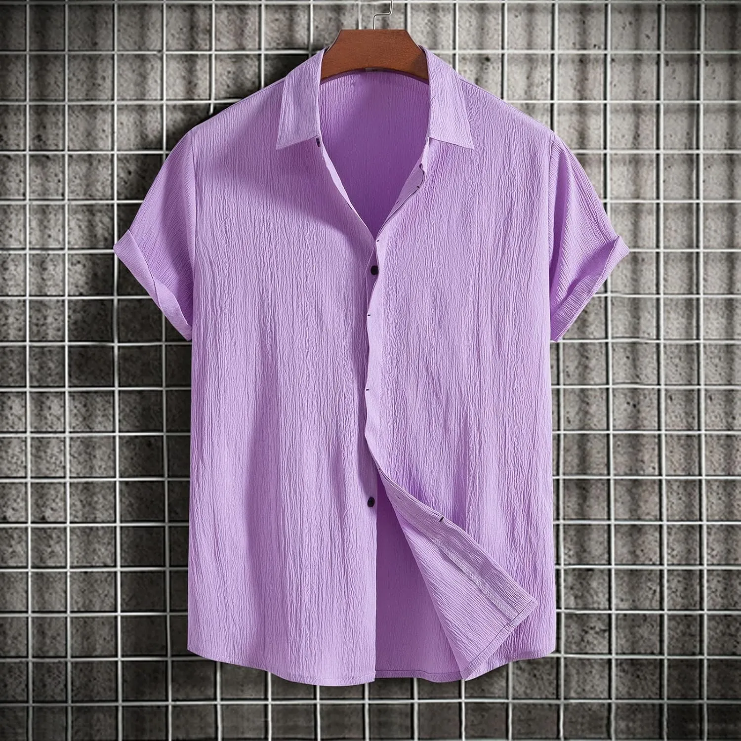 Muscularfit Button Down Short Sleeve Shirts for Men Casual Cotton Linen Solid Color Top Summer Light Weight Soft Fitted Shirt