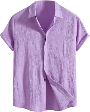 Muscularfit Button Down Short Sleeve Shirts for Men Casual Cotton Linen Solid Color Top Summer Light Weight Soft Fitted Shirt
