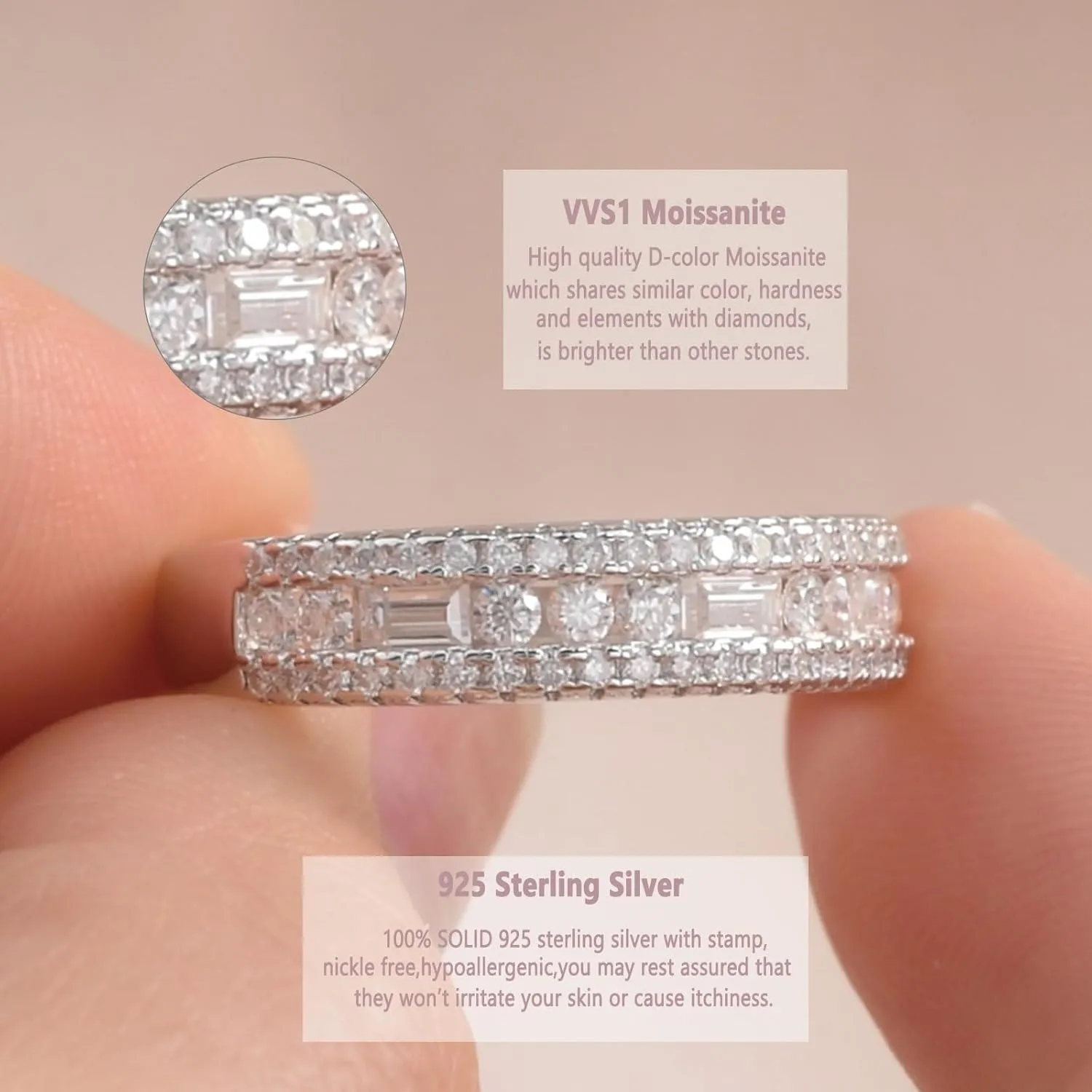Newshe Jewellery Moissanite Rings for Women 925 Sterling Silver Wedding Bands Pave Emerald Eternity Band Ring Size 5-13