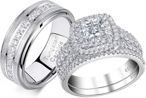 Newshe Jewellery Wedding Rings Set for Him and Her Women Mens Tungsten Bands AAAAA Cz Princess Cross 2.3Ct 925 Sterling Silver Size 5-13
