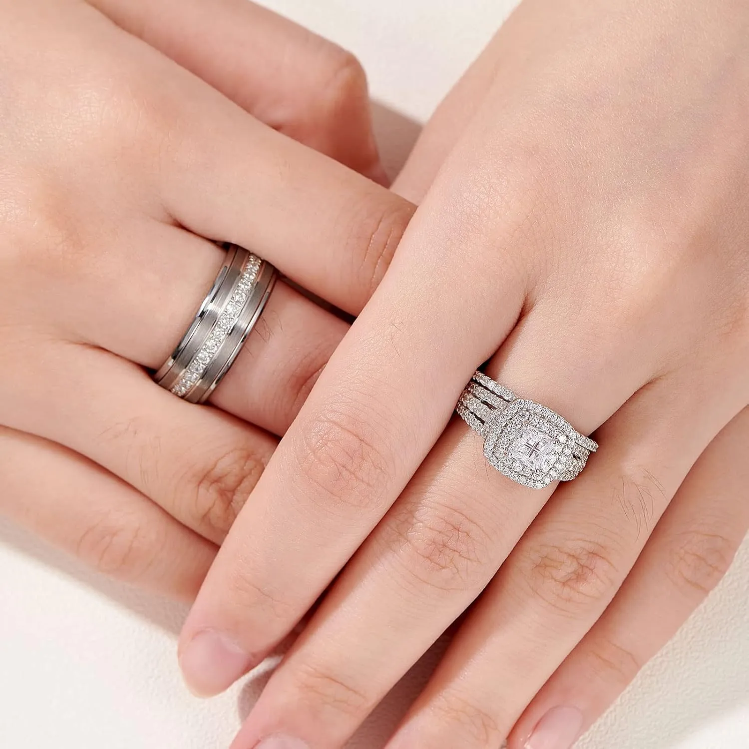 Newshe Jewellery Wedding Rings Set for Him and Her Women Mens Tungsten Bands AAAAA Cz Princess Cross 2.3Ct 925 Sterling Silver Size 5-13