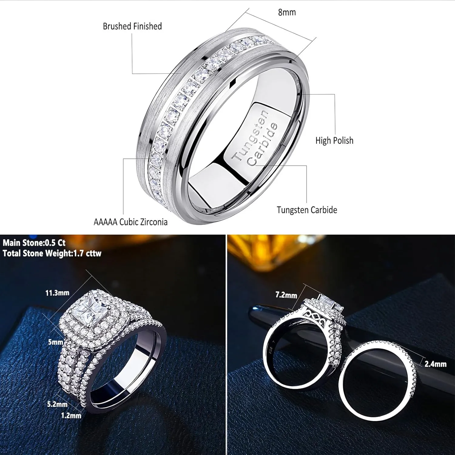 Newshe Jewellery Wedding Rings Set for Him and Her Women Mens Tungsten Bands AAAAA Cz Princess Cross 2.3Ct 925 Sterling Silver Size 5-13