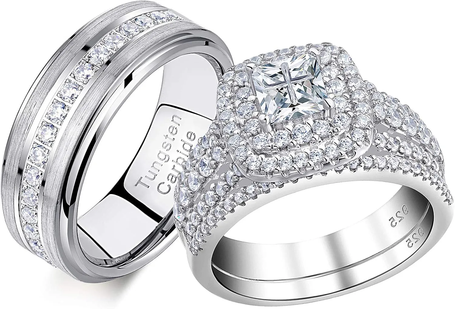 Newshe Jewellery Wedding Rings Set for Him and Her Women Mens Tungsten Bands AAAAA Cz Princess Cross 2.3Ct 925 Sterling Silver Size 5-13