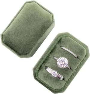 Octagonal Rectangle Velvet Ring Box 3 Slots - Premium Handmade Wedding Three Rings Bearer Holder Vintage Orthogon Jewelry Storage for Ceremony Proposal Engagement (Olive Green)