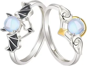 OIDIMS Angel Devil Matching Ring for Couple Promise Engagement Wedding Ring Open Band Sets for Him and Her Moonstone Jewelry Gift for Wife Husband Valentine's Day Anniversary