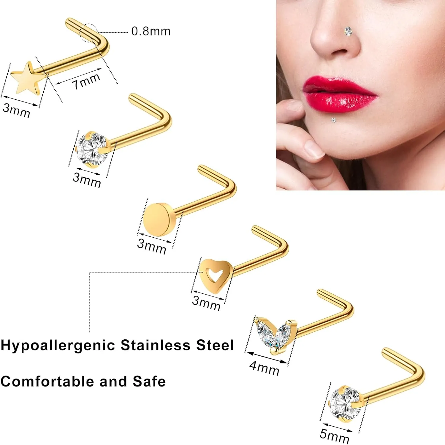 ONESING 23-40 Pcs Gold Nose Rings & Studs - 18G & 20G Nose Piercing Jewelry - L Shape, Hoop & Screw Body Jewelry for Women & Men