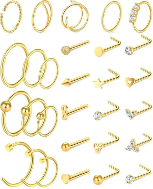ONESING 23-40 Pcs Gold Nose Rings & Studs - 18G & 20G Nose Piercing Jewelry - L Shape, Hoop & Screw Body Jewelry for Women & Men