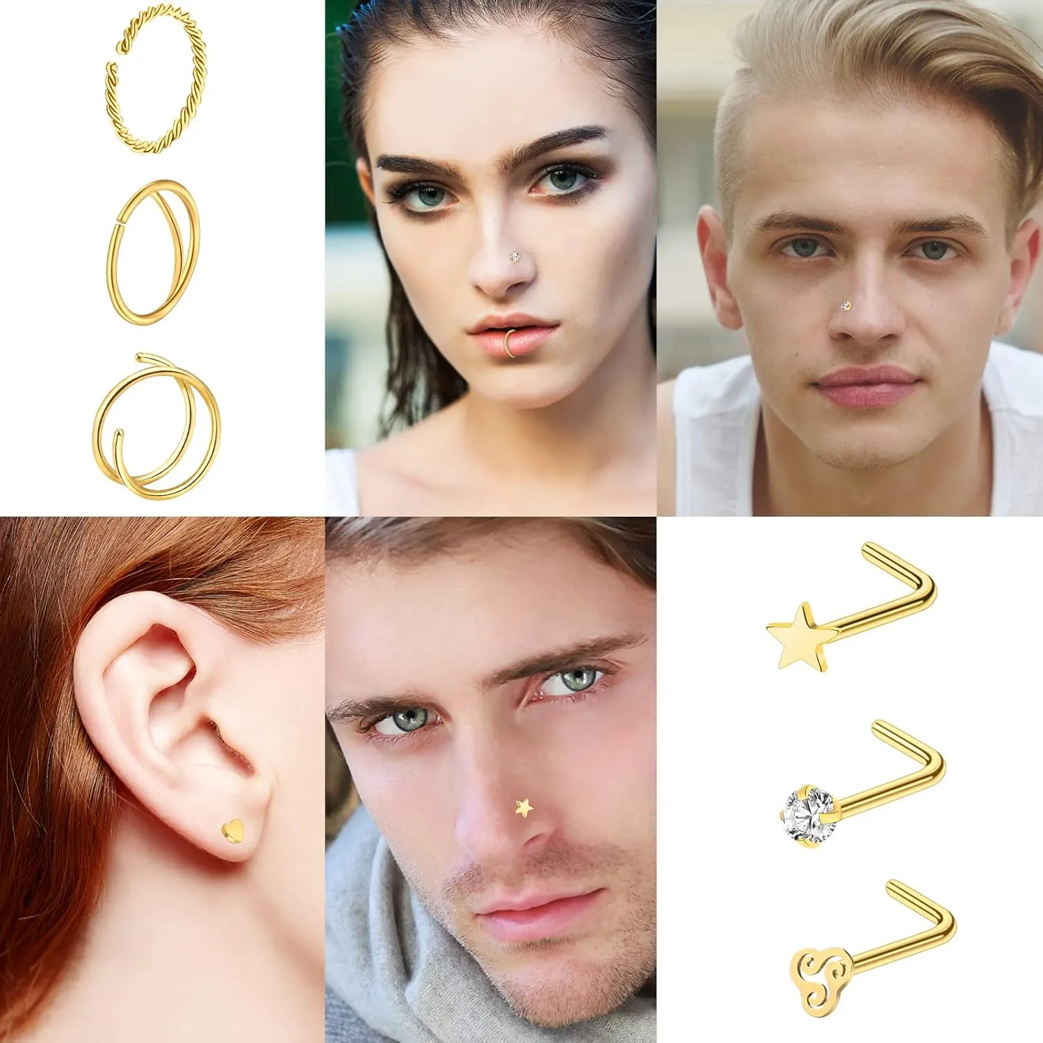ONESING 23-40 Pcs Gold Nose Rings & Studs - 18G & 20G Nose Piercing Jewelry - L Shape, Hoop & Screw Body Jewelry for Women & Men