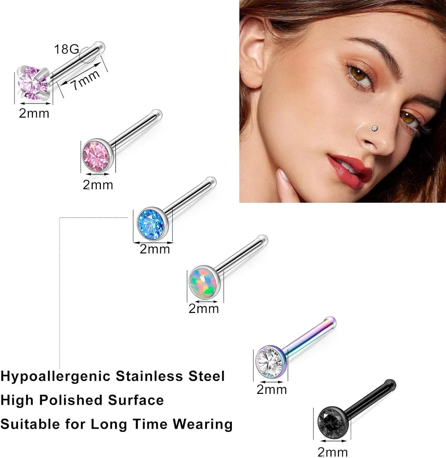 ONESING 36-44 Pcs 18G 20G Nose Rings Studs Nose Rings for Women Nose Piercings Jewelry Surgical Stainless Steel Nose Studs Moon Star Heart Butterfly Hypoallergenic Body Piercing Jewelry for Women Men