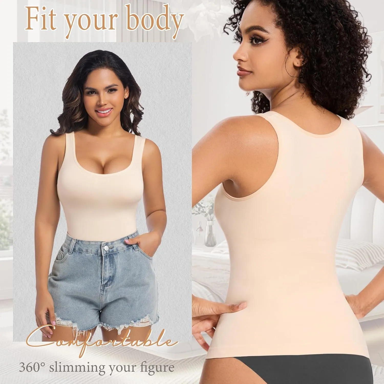 ONEW Shapewear Camisoles Seamless Tummy Control Compression Tank Tops Waist Trainer Body Shaper for Women