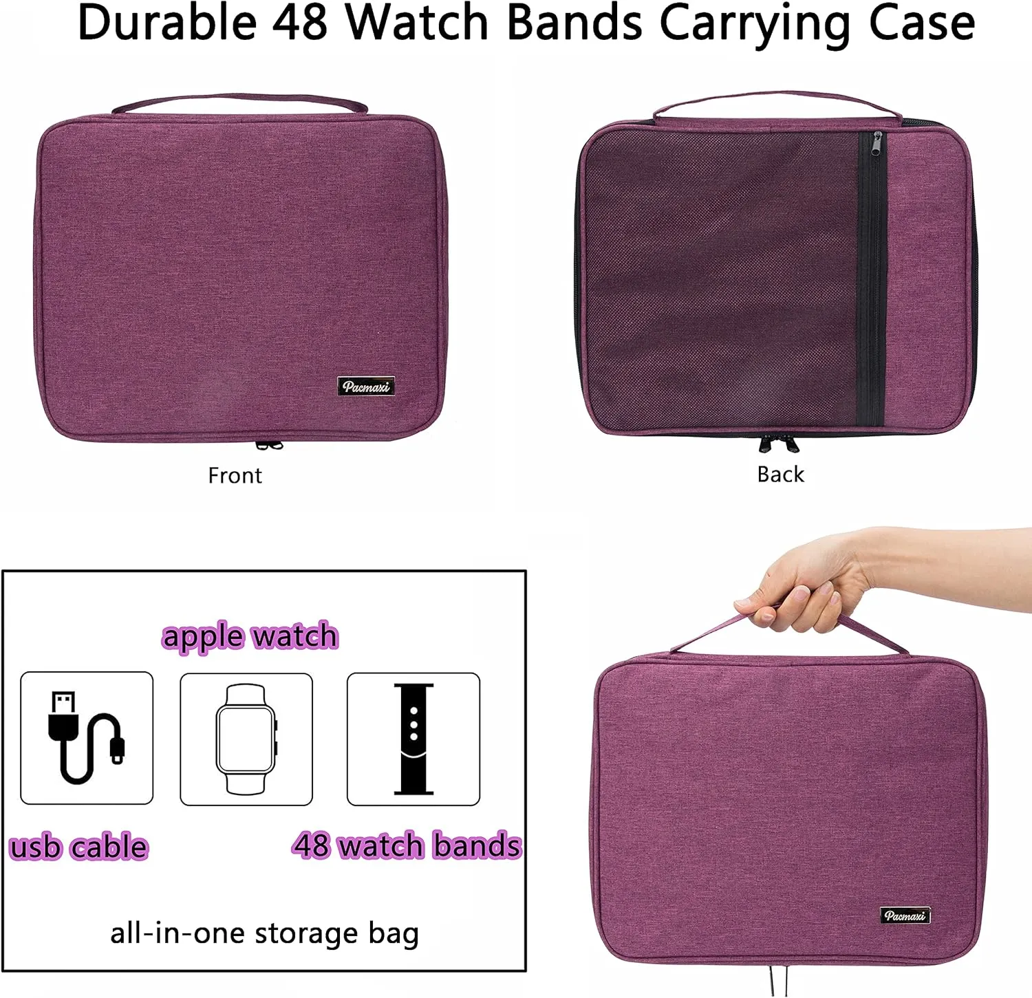 PACMAXI 48 Watch Bands Storage Bag, Watch Band Carrying Case Fits for the Most Sizes of Watch Bands, Organizer for Watch Bands Holds 48 Pieces, Bag Only (Purple)