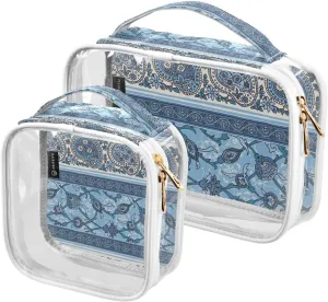 Paisley Ethnic Stripe 2 Pieces Clear Makeup Cosmetic Bags for Traveling Vacation Organizing, Toiletry Bags for Women Men, PVC Waterproof Travel Organizer