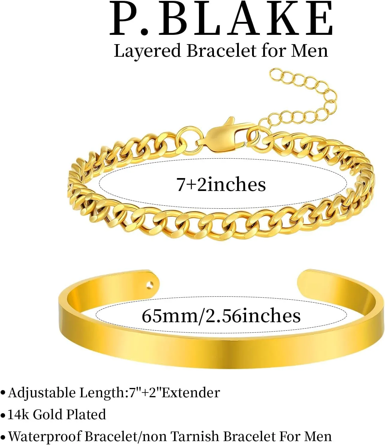 P.BLAKE 2 Pcs Stack Bracelets for Men Women, 925 Sterling Silver 14K Gold Bangle Cuff Link Cuban/Rope/Snake Chain Bracelet Set Jewelry Gifts