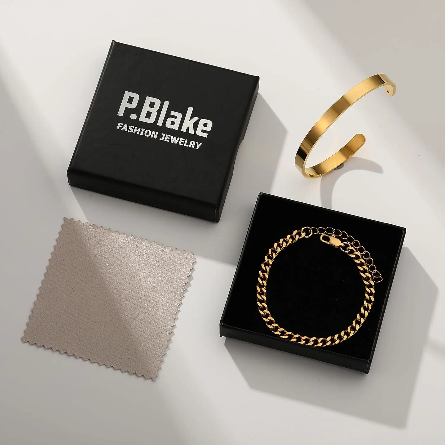 P.BLAKE 2 Pcs Stack Bracelets for Men Women, 925 Sterling Silver 14K Gold Bangle Cuff Link Cuban/Rope/Snake Chain Bracelet Set Jewelry Gifts