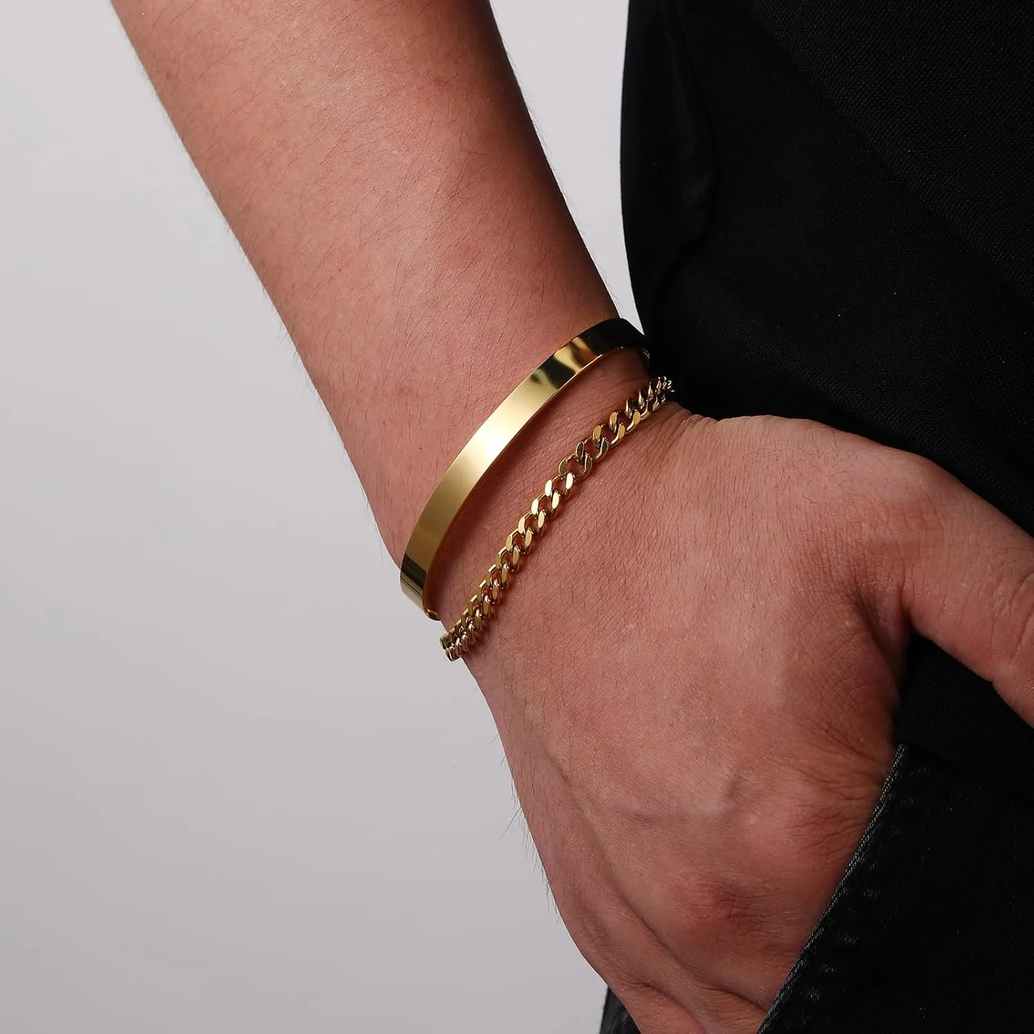 P.BLAKE 2 Pcs Stack Bracelets for Men Women, 925 Sterling Silver 14K Gold Bangle Cuff Link Cuban/Rope/Snake Chain Bracelet Set Jewelry Gifts