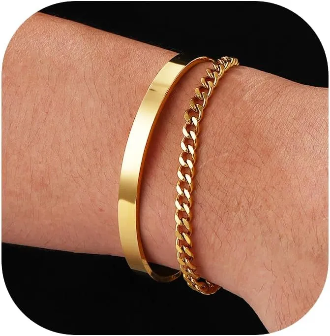 P.BLAKE 2 Pcs Stack Bracelets for Men Women, 925 Sterling Silver 14K Gold Bangle Cuff Link Cuban/Rope/Snake Chain Bracelet Set Jewelry Gifts