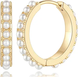 Pearl Earrings for Women 14K Gold Pearl Hoop Earrings for Women Small Gold Pearl Earrings Dainty Pearl Earrings Elegance Gold Pearl Huggie Hoop Earrings 13 MM/18 MM
