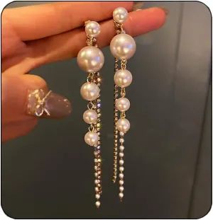 Pearl Earrings for Women - Sparkle Rhinestone Drop Tassel Dangle Earrings - Dainty Freshwater Pearl Bridal Wedding Birthday Christmas Jewelry