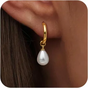 Pearl Earrings for Women, Trendy 14k Gold Pearl Dangle Drop Hoop Huggies Earrings Cubic Zirconia | Irregular | Knot Pearl Studs Hypoallergenic Lightweight Wedding Gold Earrings Jewelry Gift