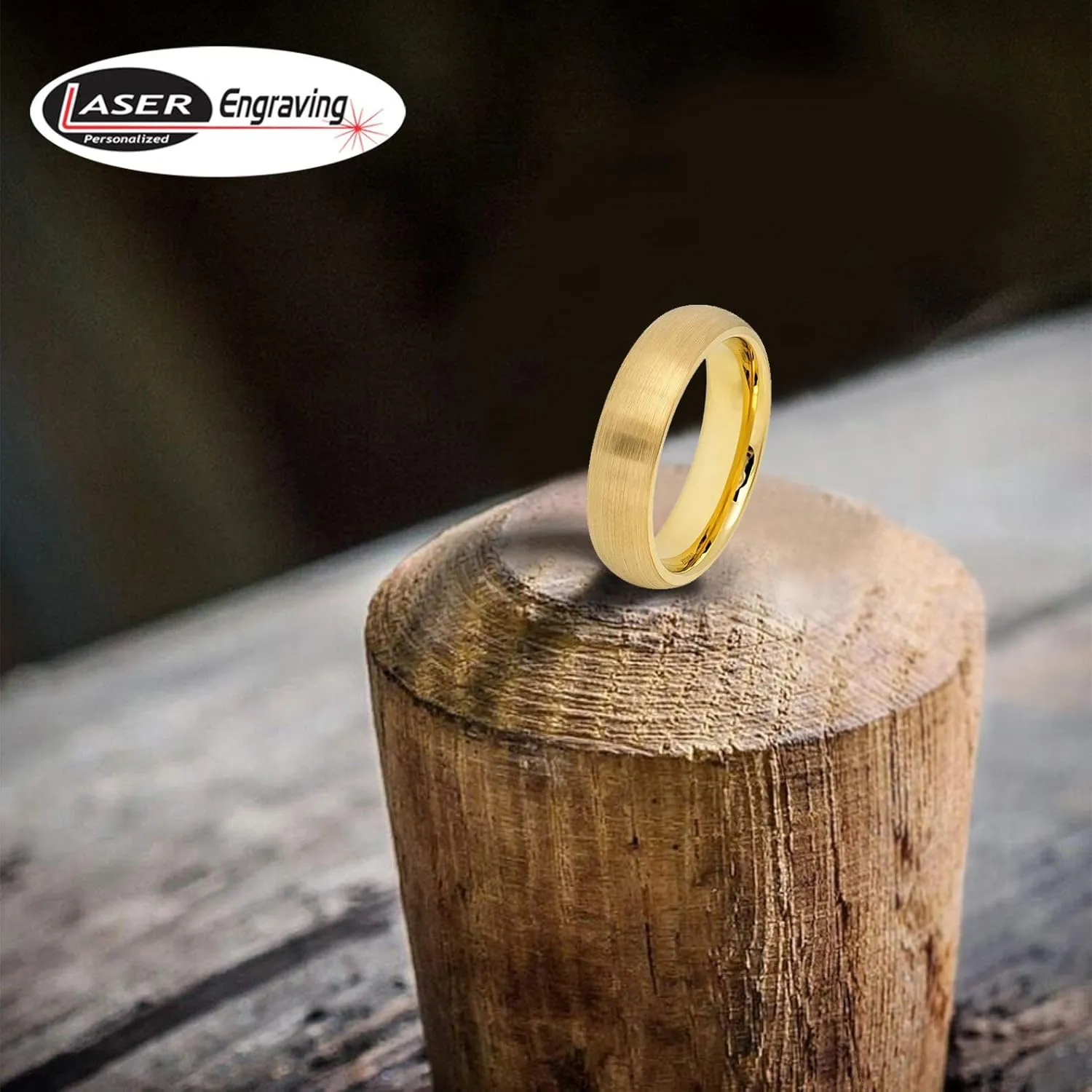 Personalized laser engraving Ring for Men and Ring for Women tungsten Band Rings 6mm Yellow Gold IP Plated Brushed Domed Classic Style Wedding Band Ring Ideal Rings for couples